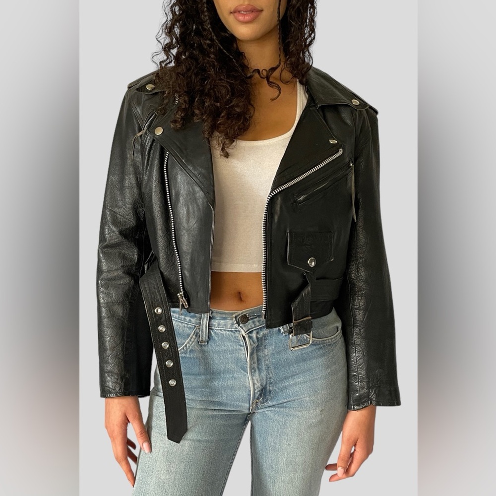 Vintage Cropped Black Motorcycle Jacket